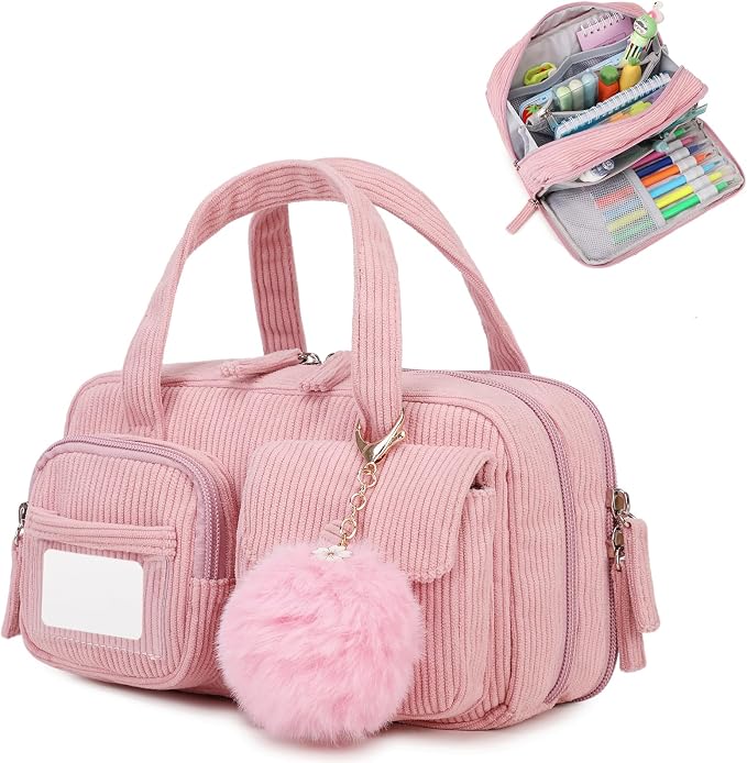 Pencil Case Corduroy Multiple Compartments Pouch Bag for Girl, Pink