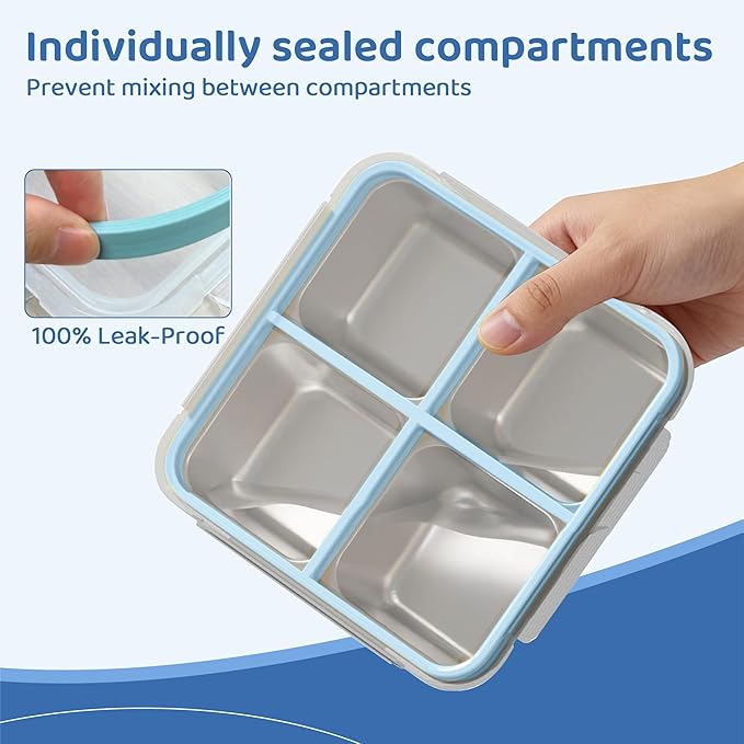 3 Pack Stainless Steel Reusable Snack Containers with Lids, 4 Compartment, Leakproof, 24.5 oz Food Storage & Meal Prep Containers, Bento Lunch Box for Adults,Men,Women(Blue)