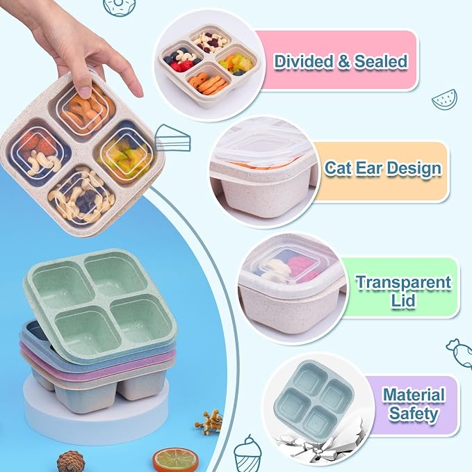 20 Pack Reusable Meal Prep Containers with Lids, Wheat Straw BPA Free | 4 Compartments, Easy Open, Food Storage & Lunch Containers, Microwave and Dishwasher Safe, for Travel, Picnic, Party