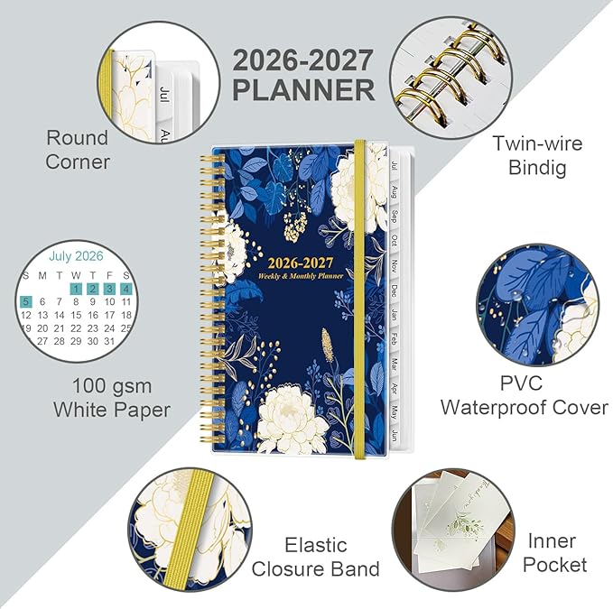2026-2027 Pocket Planner/Calendar - 2026-2027 Planner from July 2026 - June 2027, Planner 26-27 with 12 Tabs, Twin-Wire Binding, Inner Pocket, 3.75" x 6.75, Blue Leaf Flower