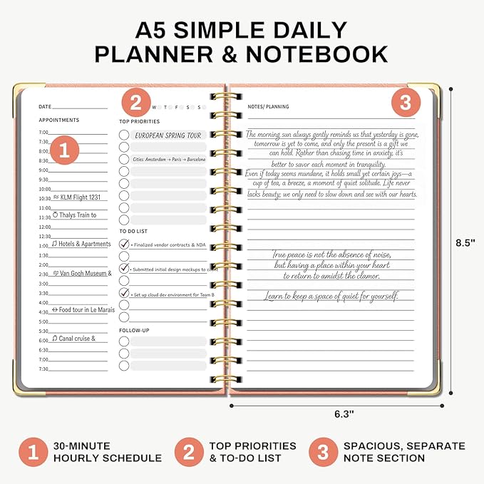 Ovesmusl Undated Daily Planner - 126 Days Hourly Schedule & To Do List - A5 PU Leather Hardcover Spiral Notebook planner with stickers, Metal Corner Protectors & Back Pocket for Work & School, Pink
