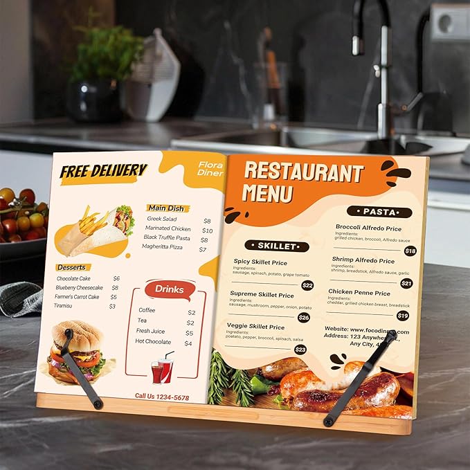 MEGREZ Bamboo Book Stand 13.2 x 9.4 inch, Foldable Cookbook Holder with 6 Adjustable Height, Reading Book Holder for Recipe, Music Book, Textbook, Tablet Stand, Butterflies