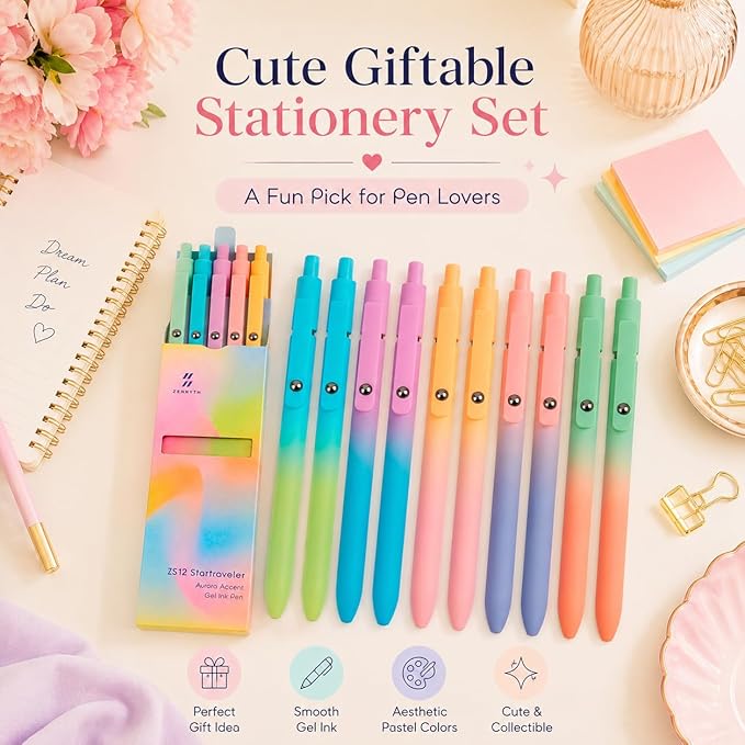 Gel Pens School Office Supplies - 10 Pcs 0.7mm Cute Black Ink Ballpoint, Aesthetic Fine Point Pen, Desk Accessories for Women College Teacher, Pastel Colored Smooth Writing Pen for Journaling Gifts