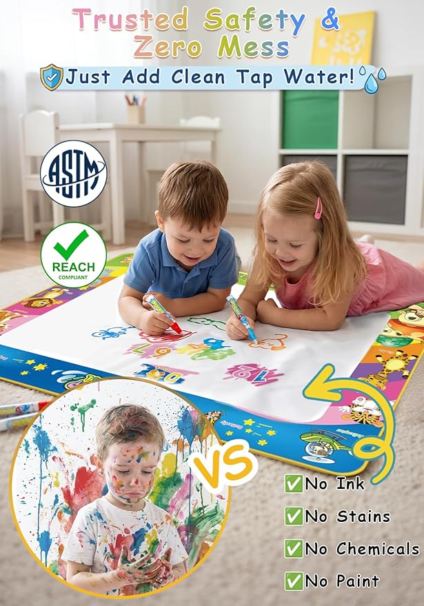 Wedopro Water Doodle Mat 40x30” - Mess-Free Toddler Toys for Ages 3-7 with 27 Pcs | Educational Drawing & Painting Mat for Kids with 24 ABC & Animals | Birthday Gift for Boys & Girls