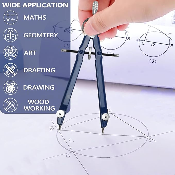 Compass for Geometry, Metal Compass with Extra Refills Compass Drawing Tool for Students Drafting Compass Back to School Supplies (Blue 2pcs)