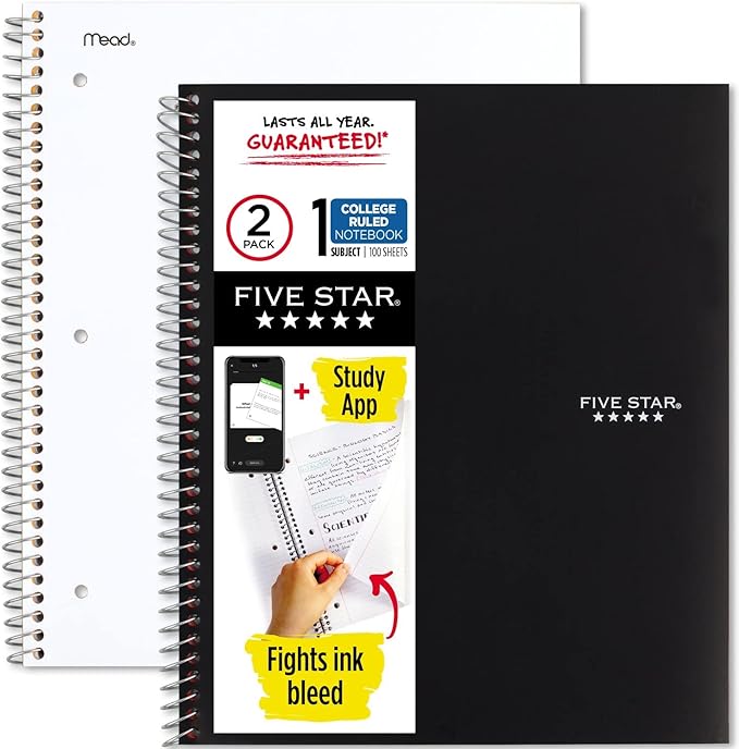 Five Star Spiral Notebooks + Study App, 2 Pack, 1 Subject, College Ruled Paper, 11" x 8-1/2", 100 Sheets, Black, White (38454)