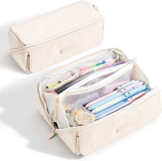 Four Candies Large Pencil Case, 5 Compartments Canvas Pen Organize | Big Capacity Pencil Pouch Bag for School Supplies, Portable Stationery Holder for Teen Girls Boy Men Women(White Plus)