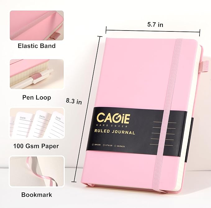 CAGIE Pink Journal Notebook for Women, 320 Pages College Ruled Notebook, 100 Gsm Paper Thick Lined Journal, A5 Hardcover Leather Journals for Writing, 5.7x8.3 In
