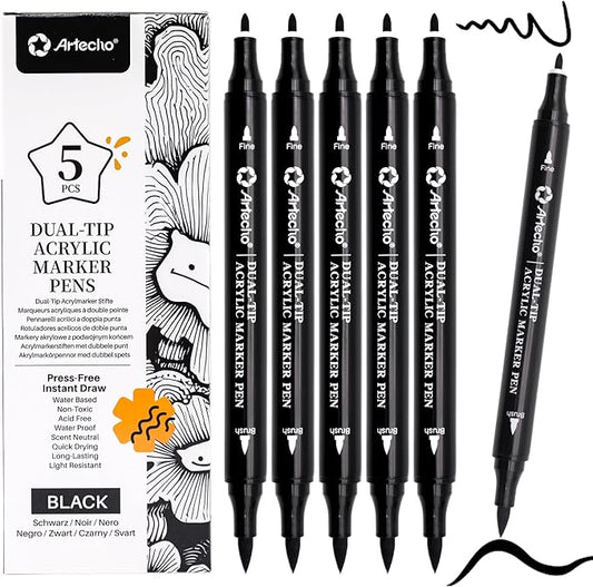 Artecho Dual Tip Acrylic Paint Pen Black 5pcs set-Fine Tip and Brush Tip for Stone, Rock Painting, Paper, Pumpkin, Wood, Egg, Canvas, Ceramic, Fabric, leather, Glass, DIY Crafts