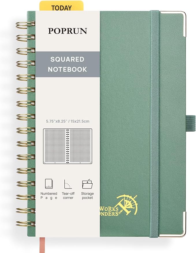 POPRUN Graph Spiral Journal Notebook - A5, 141 Pages Grid Notebooks for Women Men, 120 GSM Hardcover Graphing Journals for Work, School, Engineering & Graphing, 5.75'' x 8.25'', Midnight Green