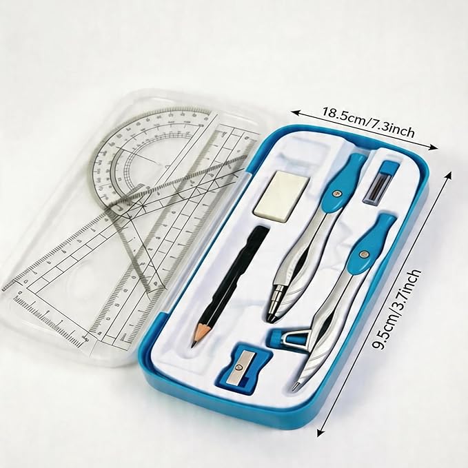 Marte Vanci 10 Piece Geometry Set, Math Geometry Kit with Storage Case, Includes 2 Compasses Rulers Protractor Pencil Eraser Sharpener Lead Refills Student Supplies for Drafting, Math Study (Blue)