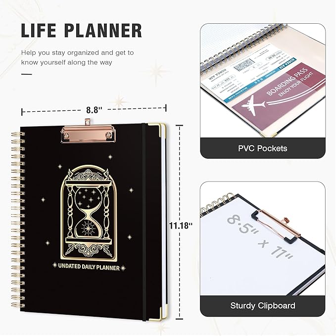 Ospelelf Spiral Bound Undated Planner Daily Weekly Monthly Student Planner 2026 Black Hourly Work Planner Hardcover 8.5 x 11