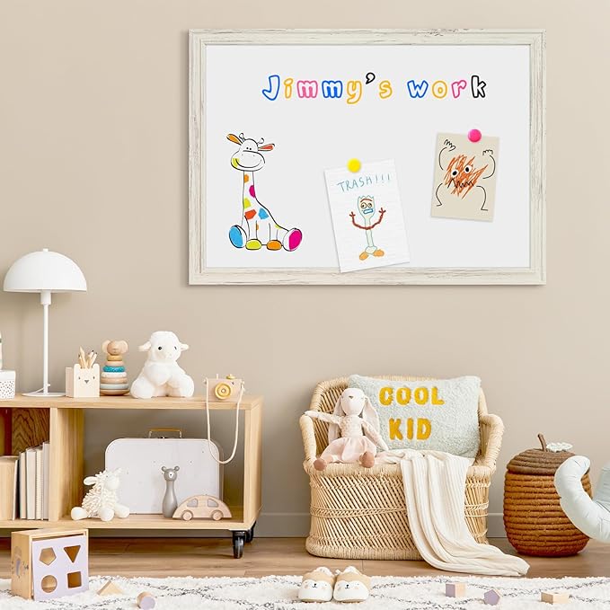 4 THOUGHT Dry Erase Board, 36 x 24 in Magnetic Whiteboard White Vintage Wood Frame Wall-Mounted White Board Decorative Notice Board for School, Office, Home, 8 Magnets 4 Markers 1 Eraser