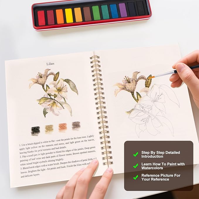 Metyond Beginner Watercolor Workbook Kit - Watercolor Painting Kit with 1 Workbook 12 Colors Paint Set with Brush, Beginner Friendly Watercolor Paint Set Gift for Adults Teens (Flowers)