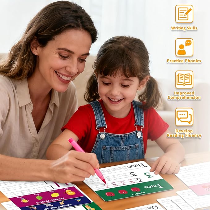 Dry Erase Alphabet & Number Practice Boards for Kids – A-Z Letters & Numbers 1-10, 18 Double-Sided Reusable Sheets (36 Pages), 11x8.5, Preschool, Kindergarten & Homeschool Writing Practice Tool