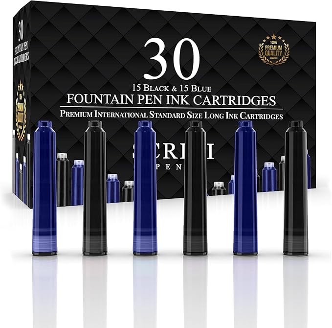 SCRIVI PENS Fountain Pen Ink Refills - Set of 30 Black & Blue Ink Cartridges - International Standard Size - Length APPR 2.04 Inch - Base Diameter APPR 0.24 Inch - Disposable and Generic