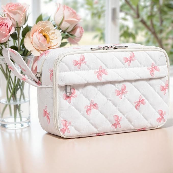 WOBAGMEN Quilted Pencil Pouch for Girls Women, Large Pencil Case Pouch with Compartments Cute Aesthetic Pencil Case Organizer, Floral Pencil Bag for School Supplies (Pink cute Bow)