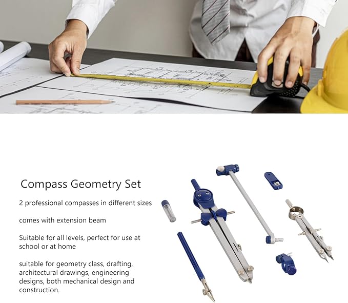 Math Geometry Kit, Metal Compass Tool Zinc Alloy Compass and Ruler Geometry Set Drawing Compass Drafting Compass with Shatterproof Storage Box for Office School Art Drawing
