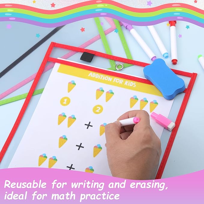 24 Pack Dry Erase Pocket Reusable Sleeves 10" x 14" Clear Plastic Sheet Protectors with Dry Erase Markers and Mini Sleeves Paper Teacher Supplies