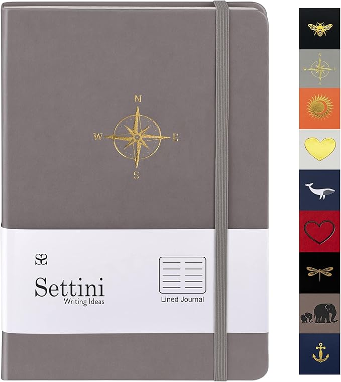 SETTINI Lined Journal, Ideal for Journaling - A5 Vegan Leather Notebook, 192 Archival-Quality Pages, QuillEase Bleed-Free Paper, Inner Pocket & Bookmark - Father Day Gift, Grey Compass