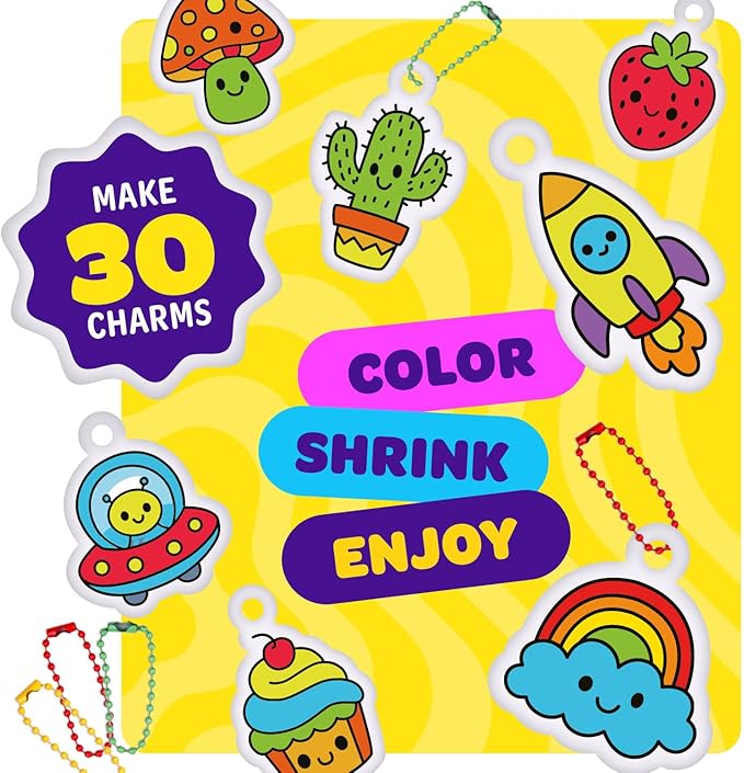 Dan&Darci Shrink Art Craft Kit for Girls and Boys Ages 6-12 - Shrink Magic Charm Making Kit with 30 Pre-Cut Shrink Plastic Templates - Kids Craft Birthday Gift for 7 8 9 10 Year Olds