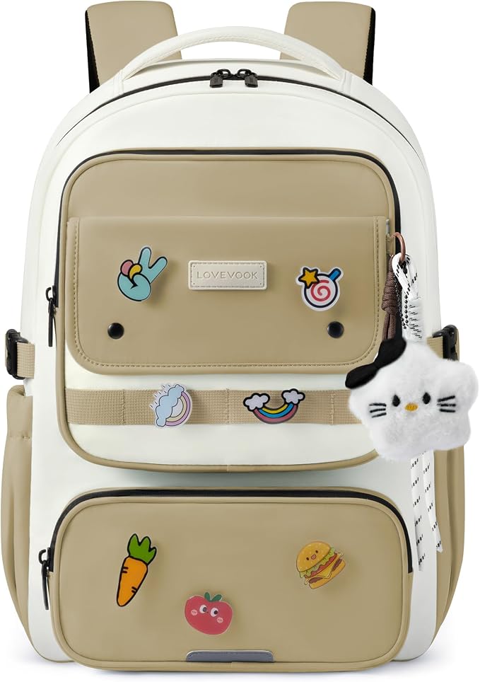 LOVEVOOK School Backpack for Teen Girl, Cute Bookbag with Large Bottle Holder, Lightweight Elementary Middle High School Student Backpack Fits 15.6 Inch Laptop, Back to Schools Kid Gift, Khaki-Cream