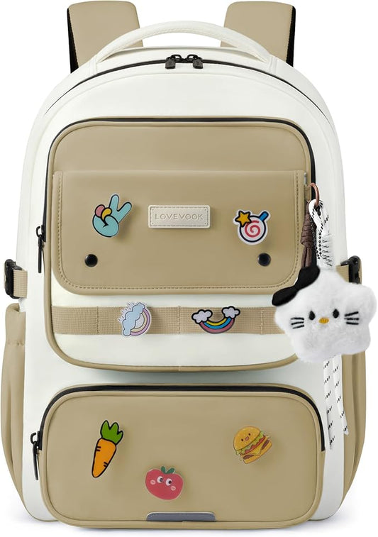 LOVEVOOK School Backpack for Teen Girl, Cute Bookbag with Large Bottle Holder, Lightweight Elementary Middle High School Student Backpack Fits 15.6 Inch Laptop, Back to Schools Kid Gift, Khaki-Cream