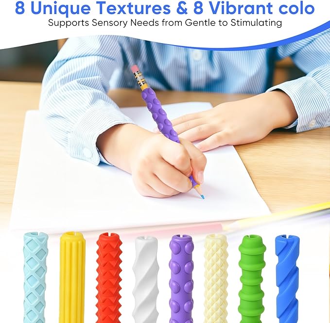 8-Pack Textured Silicone Pencil Grips–Sensory Fidget Sleeves for Kids& Adults,ADHD &Autism Anxiety Relief,Quiet Classroom&Travel Fidget Tool for Focus, Fidget Gifts Christmas Stocking Stuffers