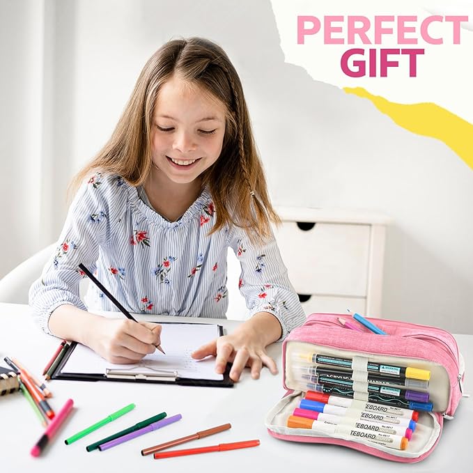 Large Capacity Pencil Case Pencil Pouch Pen Bag with 3 Compartment Stationery Organizer with Zipper, School Supplies Organizer for Teen Adults (Pink)