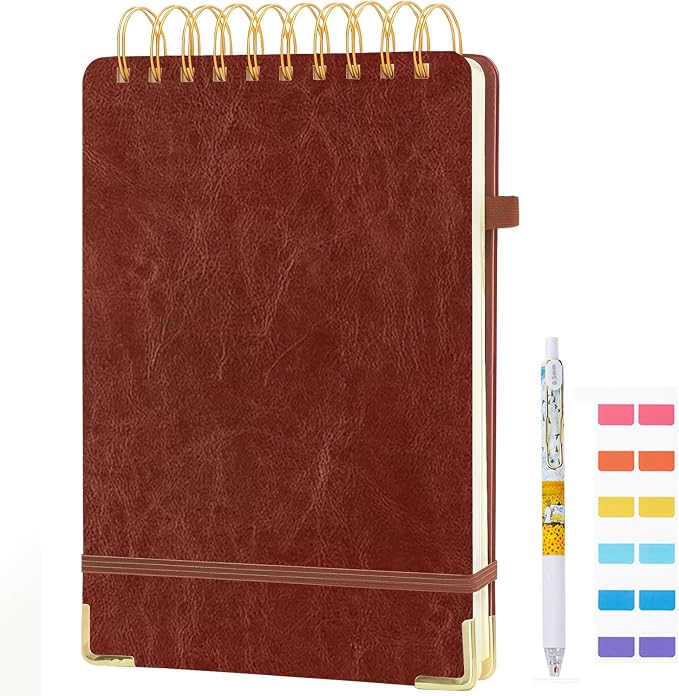 Steno Pads A5 Top Spiral Notebook,Leather Hardcover Top Bound Steno Pads, 240 Pages 100 gsm Thick Lined Paper Left Handed Notebook Journal for School,Work,Meeting Writing, Brown