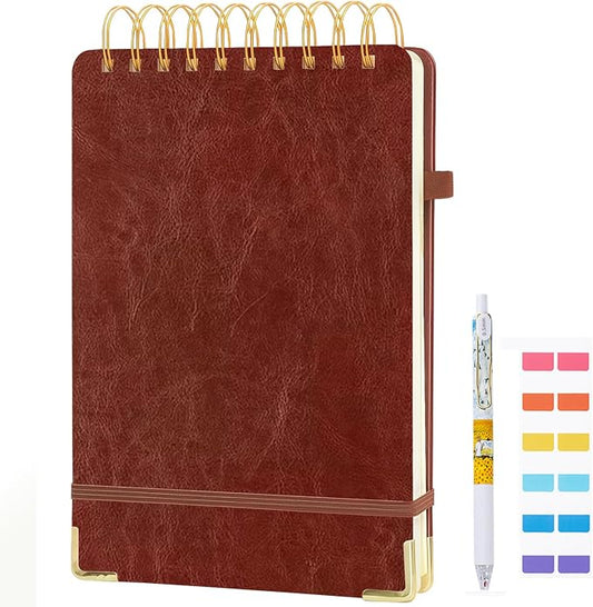 Steno Pads A5 Top Spiral Notebook,Leather Hardcover Top Bound Steno Pads, 240 Pages 100 gsm Thick Lined Paper Left Handed Notebook Journal for School,Work,Meeting Writing, Brown