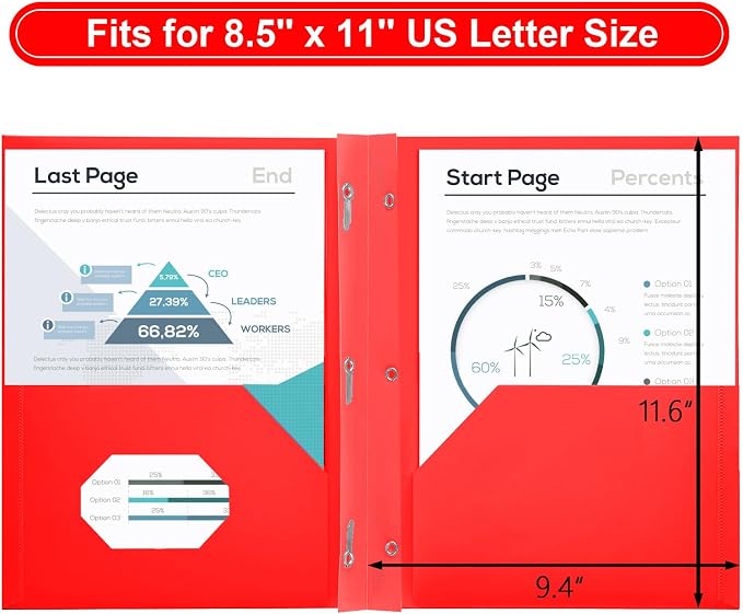 SUIN Plastic Project-Folder with 2 Pockets and 3-Prong Fasteners, for US Letter Size, Bulk Pack Color File-Folder for US Letter Size Papers, Ideal for School & Office, (Red)