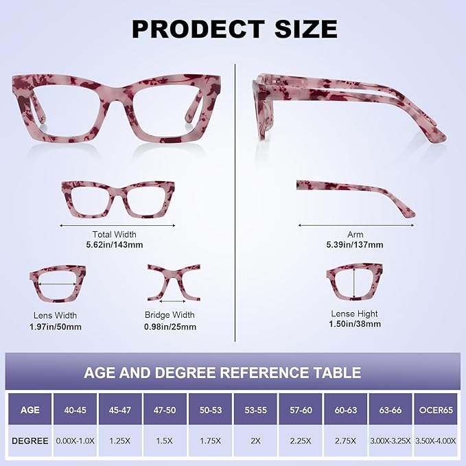 Reading Glasses for Women - 5Pack Square Fashion Readers for Women Blue Light Blocking with Spring Hinge (Mix5, 0.50x)