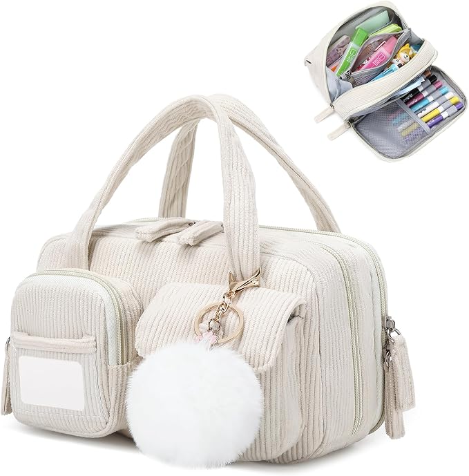 Pencil Case Corduroy Multiple Compartments Pouch Bag for Girl, Off White