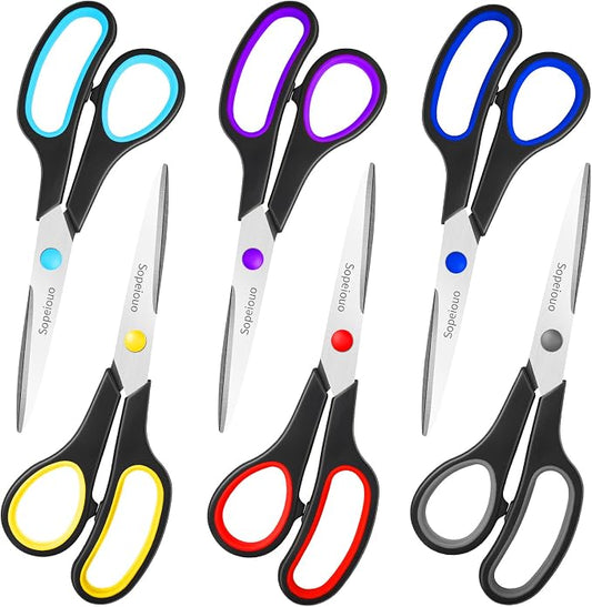 6 Pcs 8” Scissors, Sharp Stainless Steel Comfort Grip for Everyday Use | Right/Left Hand, All Purpose Scissor for Office Home School Craft Sewing Fabric Supplies, High/Middle School Student Teacher
