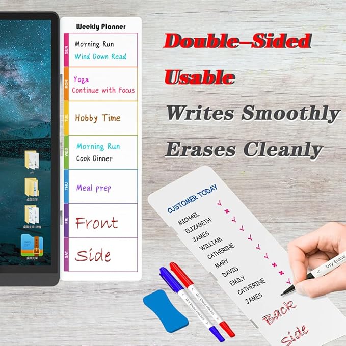 Monitor Side Magnetic Memo Board with Weekly Calendar, Dry Erase to-Do List Planner, Multi-Use Computer Screen Notepad for Office, Home, School (11.42” x 3.54”)