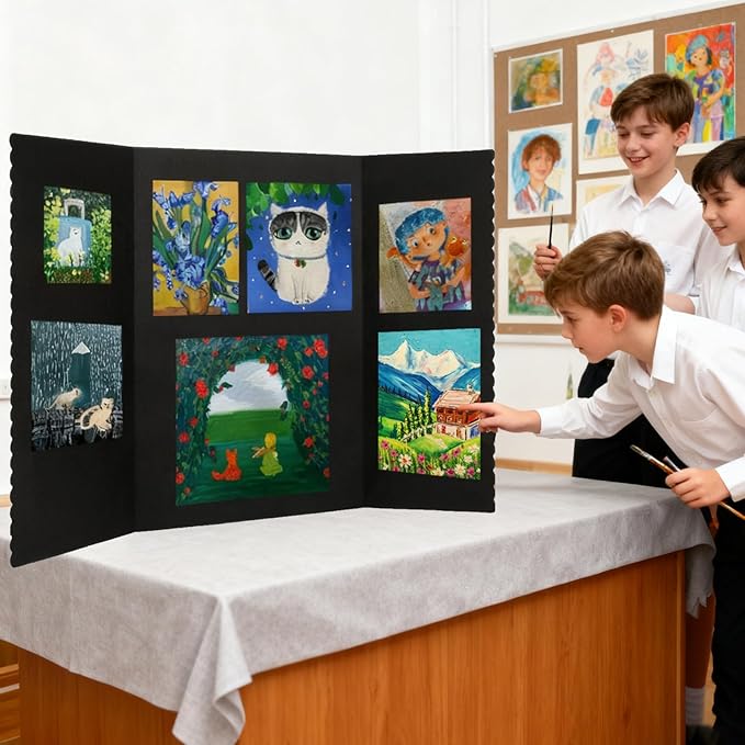 Trifold Poster Board with Storage Bag and Nails 72 x 36 Inch Black Hook and Loop Fabric Foldable 3 Panel Presentation Board for Science Fair and Exhibitions