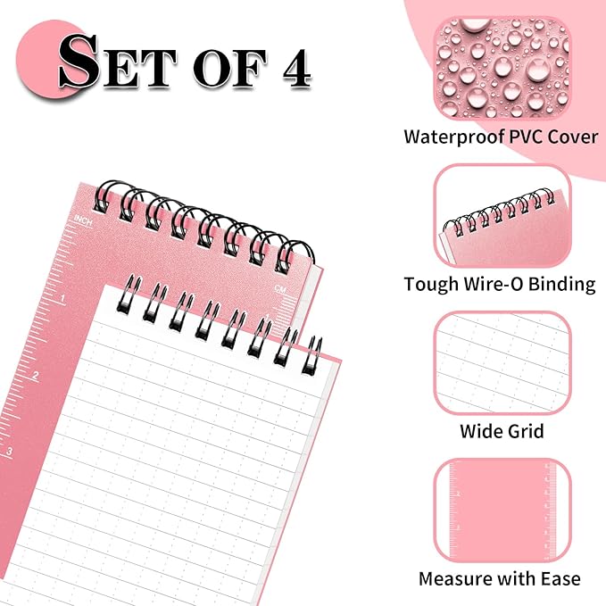 COIDEA Waterproof Notebook, 4 Pack Top-Spiral Pocket Notepad, 3" x 5" Weatherproof NotePad, All Weather Police Pocket Notebook Little Memo Steno Note Pads for Outdoor Office School Recording, Pink