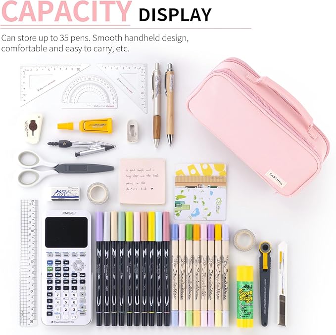 EASTHILL Large Capacity Pencil Case Pen Pouch Organizer Canvas Pencil Bag with Handle School Supplies for Teen Girls-Pink