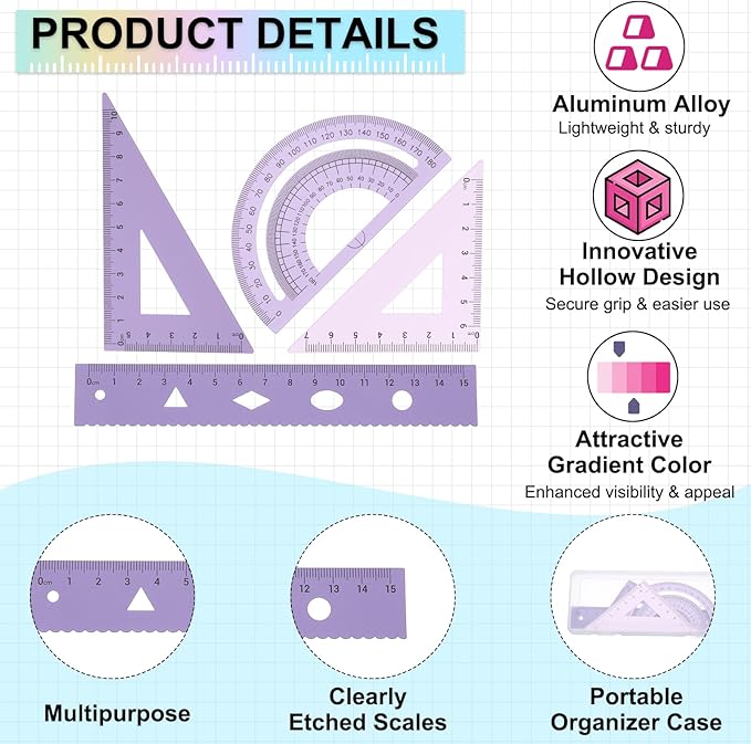 PATIKIL Geometry Set, 2 Pack 6 Inch Aluminum Ruler & 4 Triangles, Metal Protractor Ruler Math Drafting Measuring Tool for Home Office Math Drawing Engineering Art,Gradient Purple