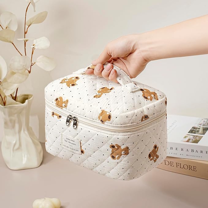 uekeboag Large Travel Quilted Makeup Bag for Women | Soft Floral Cotton Cosmetic Bag, Foldable Coquette Aesthetic Toiletry Organizer
