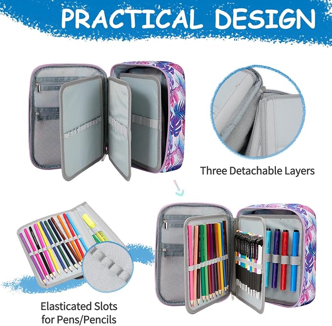 VASCHY Large Pencil Case Bag, Art Supply Marker Organizer Big Pen Pouch with Detachable Layers Slots Multiple Zipper Pockets for Kids Adults School Office Purple