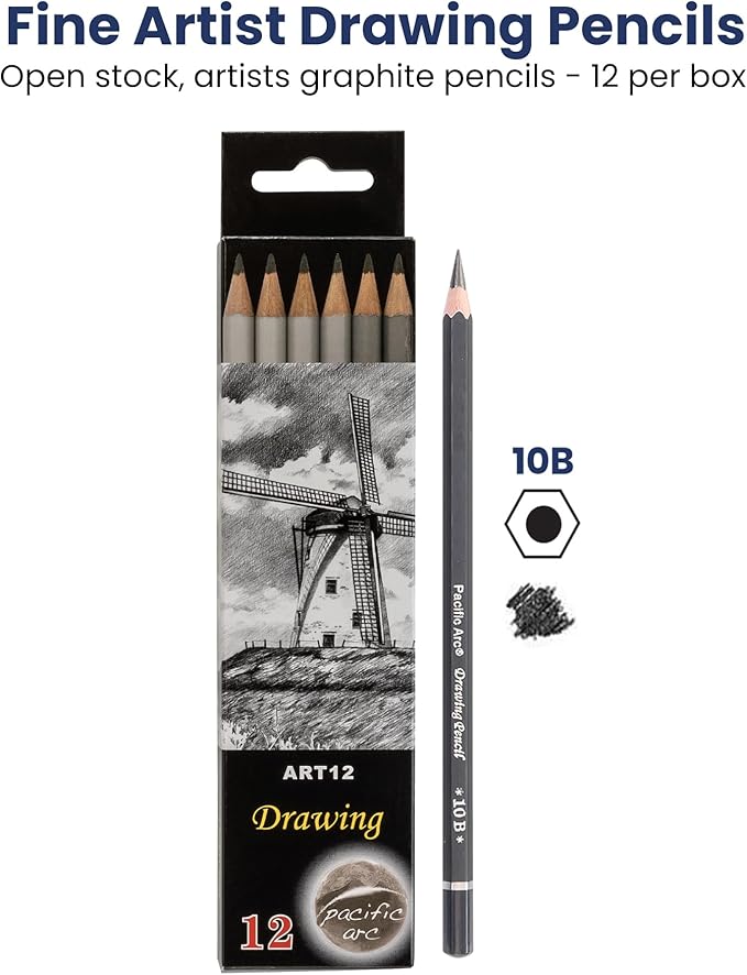 Pacific Arc Premium Graphite Drawing Pencils for Artists, 10B - Professional Pencils for Drawing, Drafting, Sketching and Shading 12 Pk - Non Toxic
