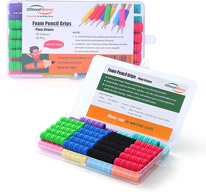 50 Pcs Pencil Grips for Kids and Adults Handwriting, Comfort Pencil Grippers for Writing Aid, Mechanical Pencil Holder Cushion with 8 Grooves, Foam Finger Grips, 10 Colors