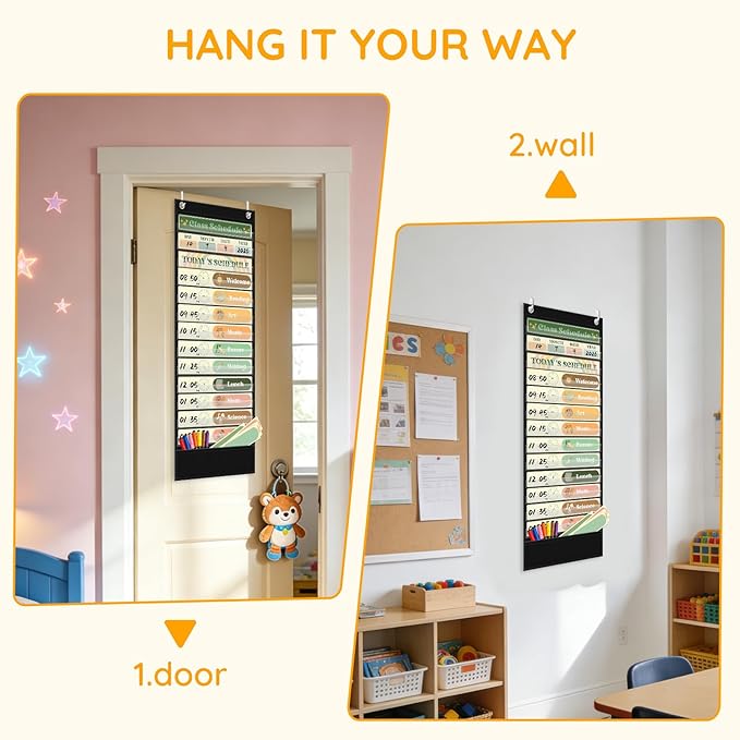 AKAYOK Boho Daily Schedule Pocket Chart, 13+1 Pocket Visual Schedule for Kids, Includes 24 Reusable Dry-Erase Cards, Daily Planner with Hourly Schedule for Classroom, Office, Home, School Activities