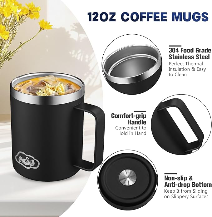 12oz Insulated Coffee Mug with Handle, Stainless Steel Wide Mouth Travel Tumblers with Lid, Double Wall Vacuum Coffee Cup for Camping, Office, Black 8 Packs