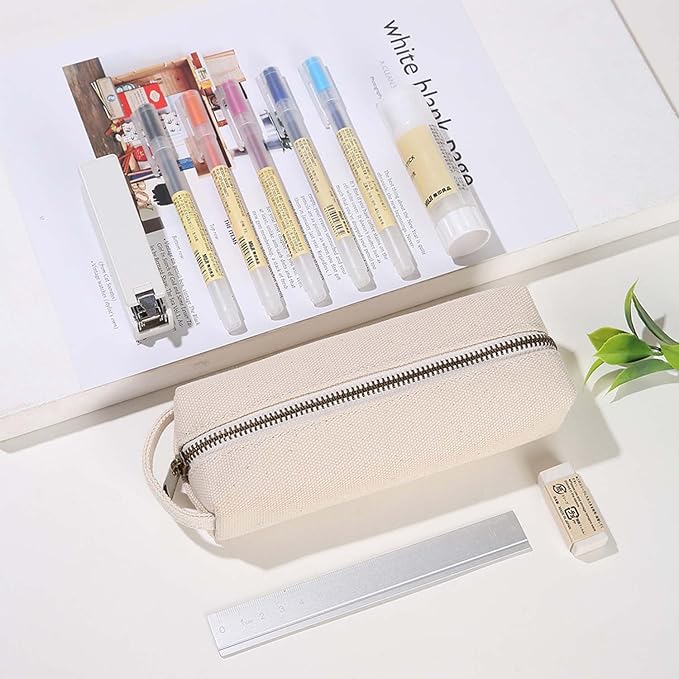 Pencil Case Soft Cotton Canvas Pencil Pouch Bag for Easy Carry Stylish and Durable for Pens and Pencils (Beige)