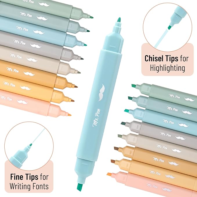 Mr. Pen- Aesthetic Bible Highlighters No Bleed Through Assorted Color, 8pcs | Ocean Dune, Cute Highlighter Dual Tip for Journaling Supplies and School Accessories, Bible Highlighters and Pens No Bleed