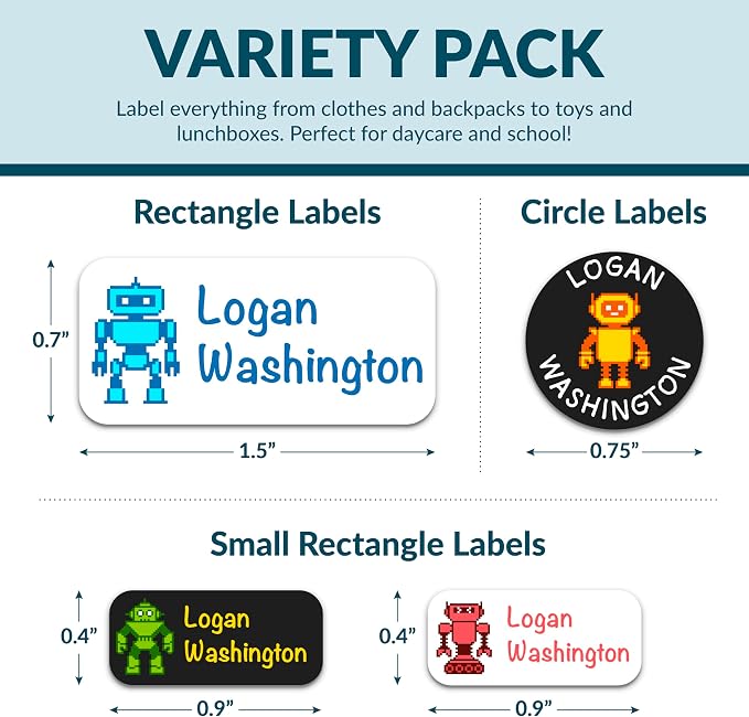 Personalized Waterproof Name Labels for Kids | Optional Packs 50, 150, 230 Labels | Custom Name Stickers for Kids' Clothing Tag, Water Bottle, Lunch Box, Customize Kid Name Label for Daycare Robots