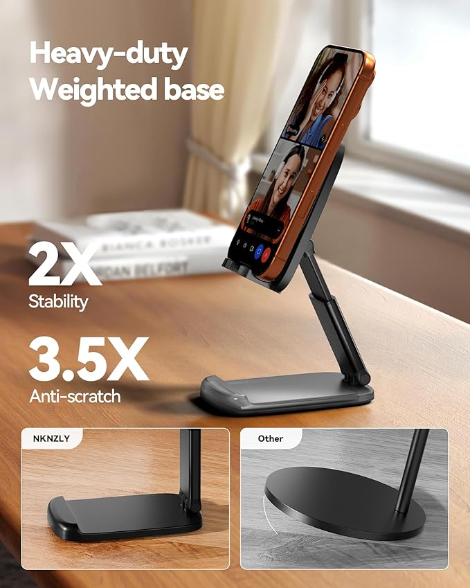 2 Pack Cell Phone Stand for Desk, iPad Stand [Height Adjustable & Upgraded Stable Base] Foldable & Non-Slip Silicone Pad Phone Holder, iPhone Stand for All Smartphones, iPad | Office Desk Accessories